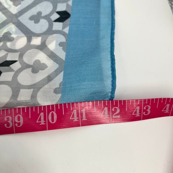 Johnny Was Silk Tassel Scarf Patchwork Mixed Print Square Wrap Blue Gray Green - Picture 11 of 12
